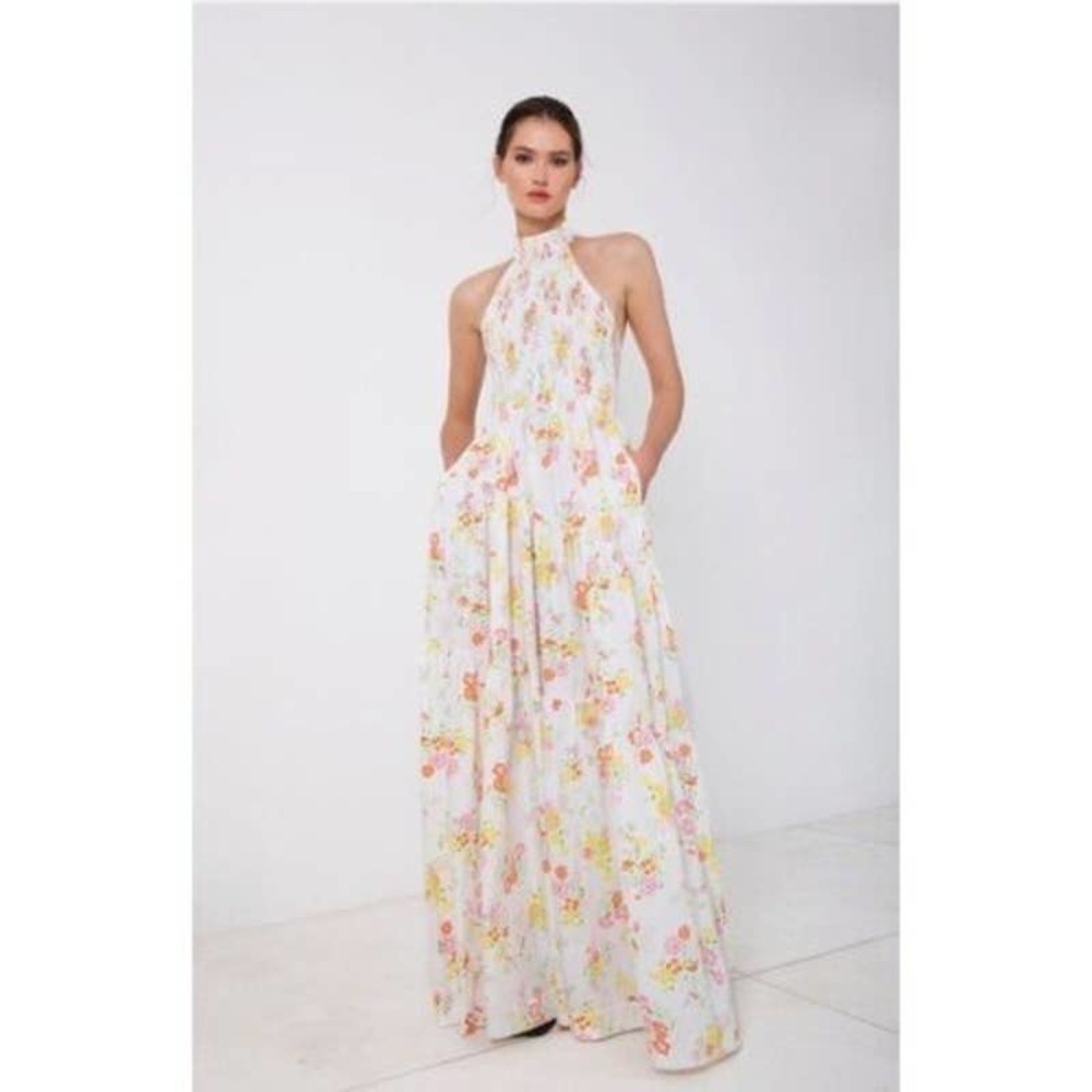 S/W/F Shirred Floral Print Halter Sleeveless Tiered Garden Party Dress Sz M NWT